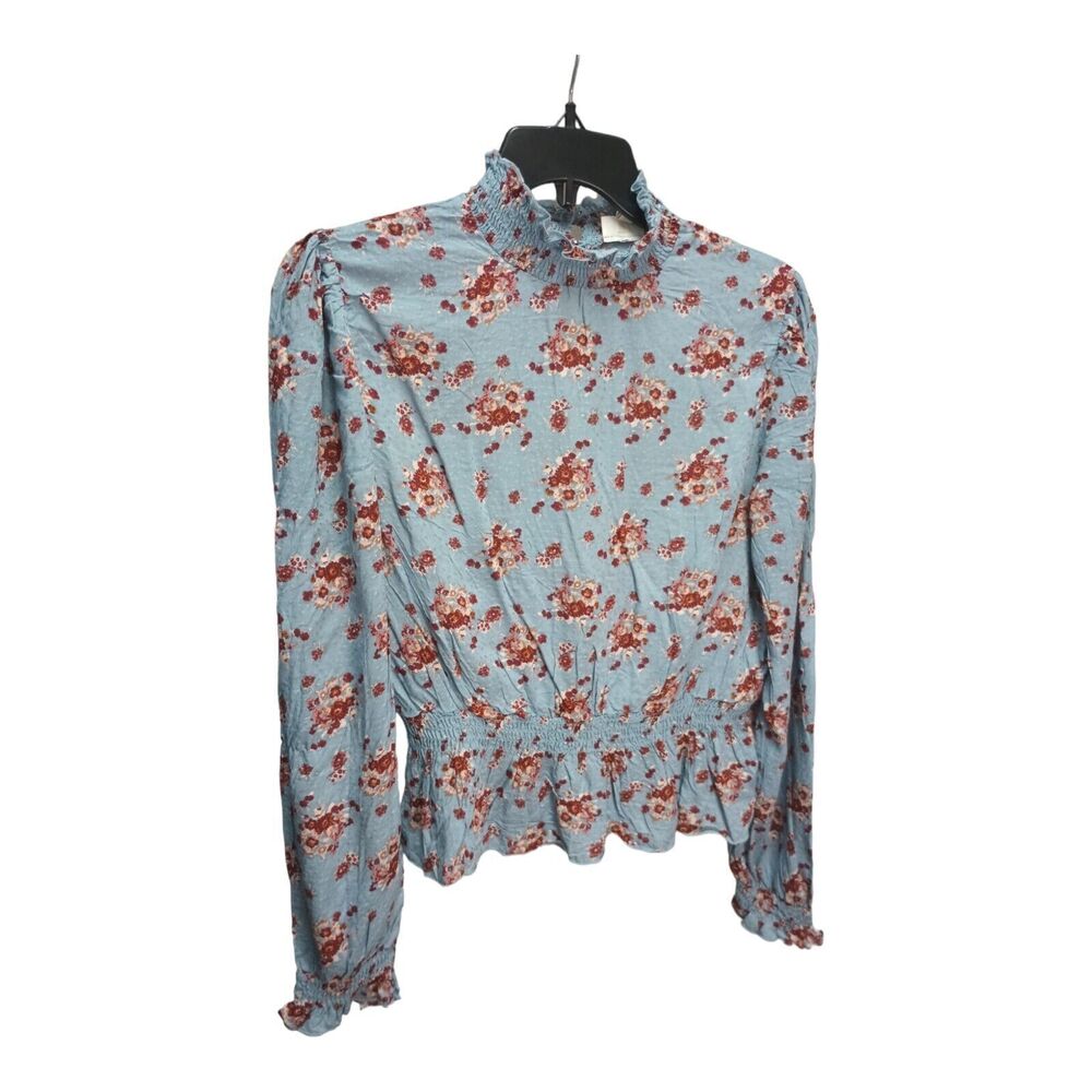 Self Esteem Womens Juniors Top Ribbed Long Sleeves Blouse Floral Fall blue Sz M